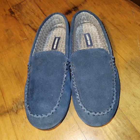 LAND’S END Moccasin Slippers Lined Printed Flannel Navy Blue Sz 8 - Picture 1 of 6
